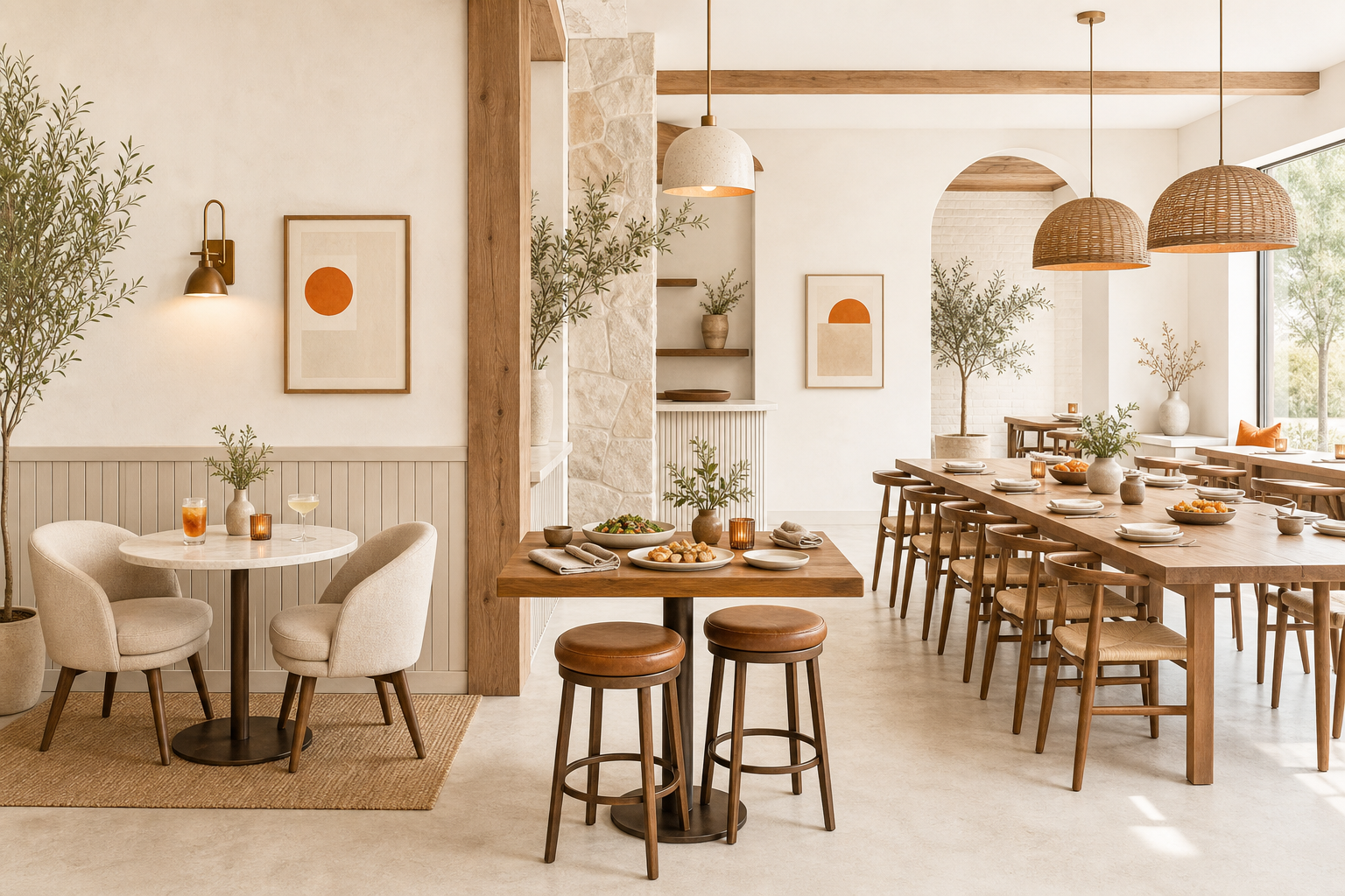 Three distinct happy-hour settings for a quiet conversation, casual meal, and group gathering