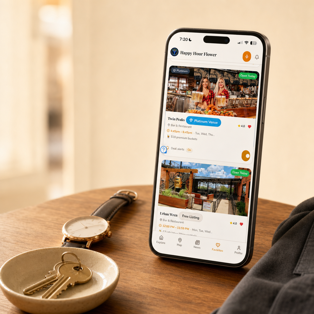 A diner reviewing happy-hour time, location, and offer details on a smartphone before leaving