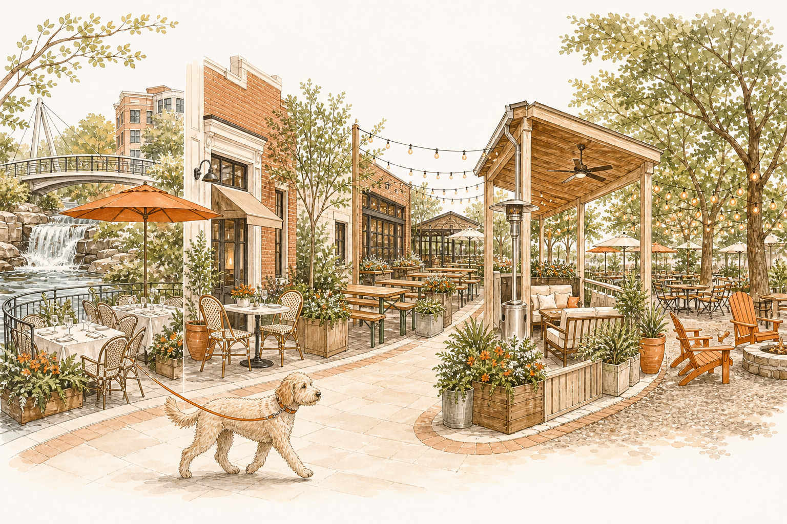 Five types of Greenville outdoor dining settings where a leashed dog may join its owner.
