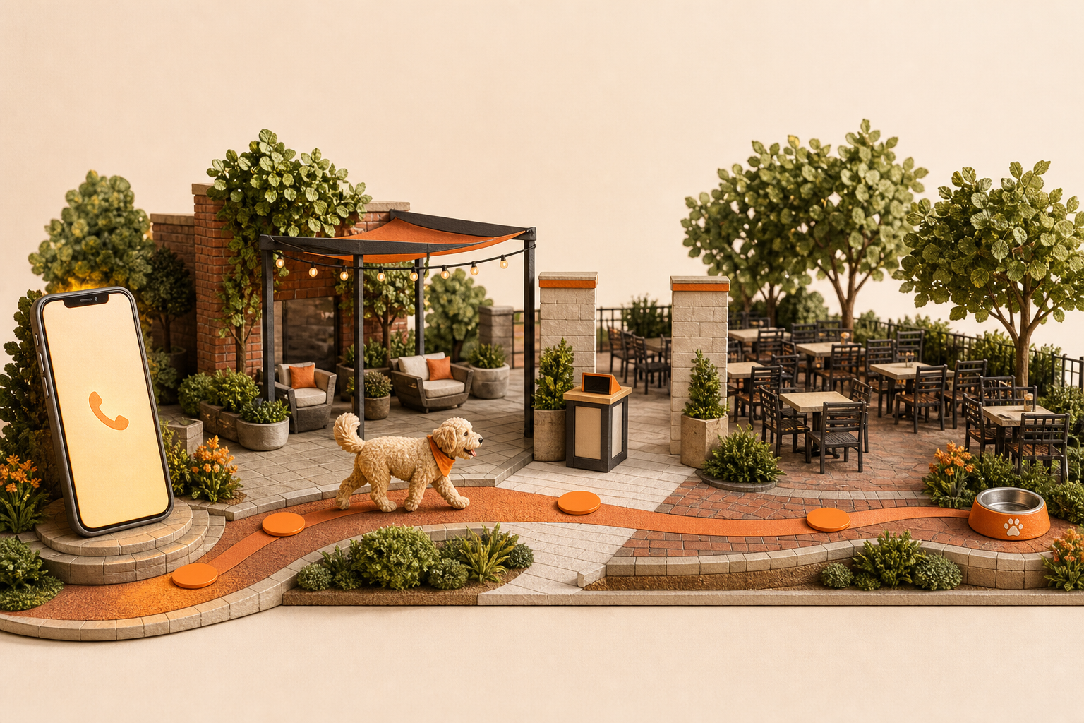 Illustrated five-step checklist for confirming dog-friendly patio plans before leaving home.