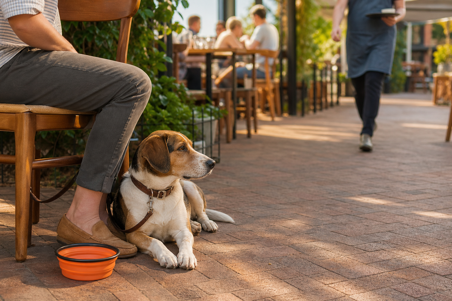 Dog resting calmly beside a patio table with water and a clear walkway for restaurant staff.