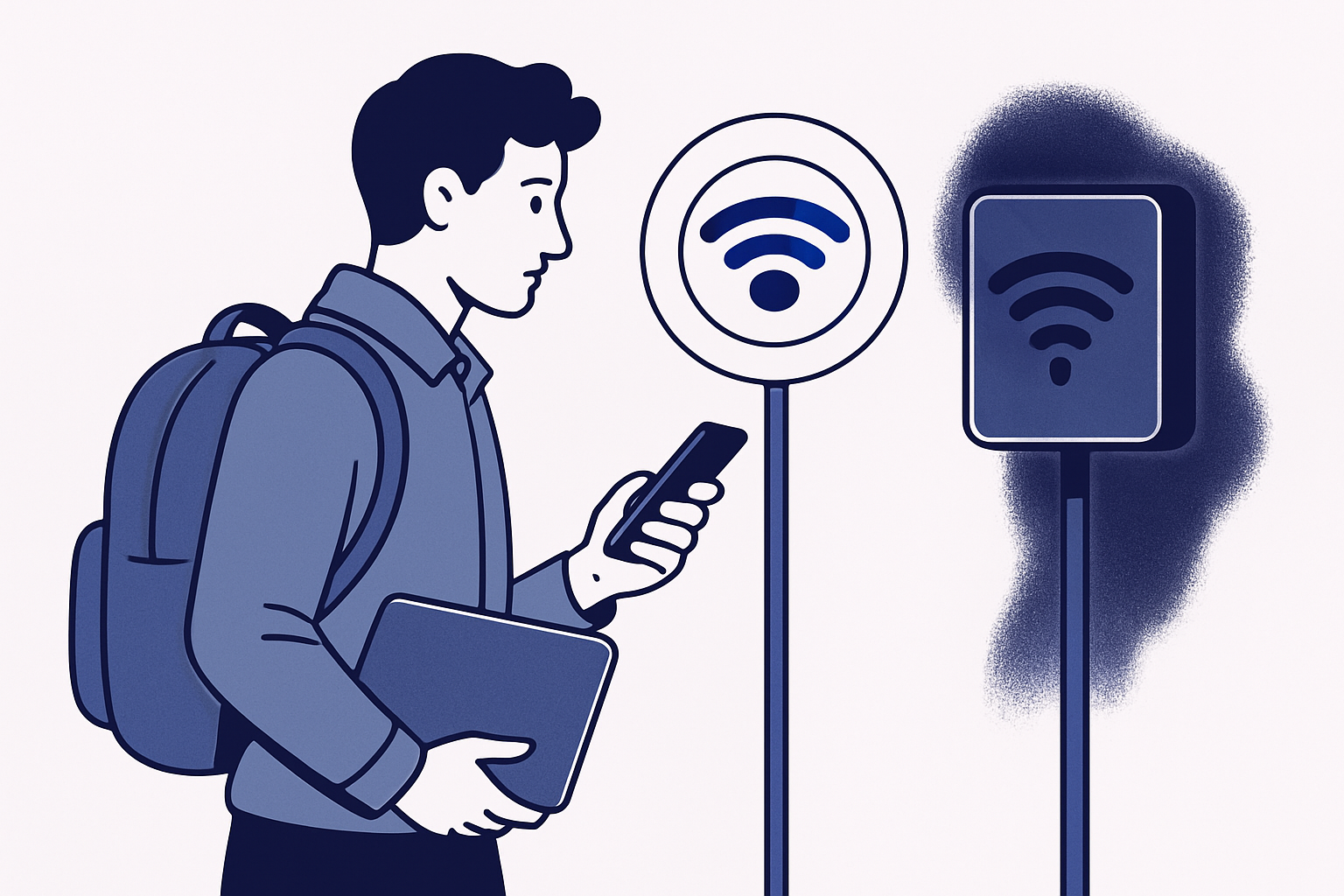 Traveler comparing a legitimate Wi-Fi network with a suspicious imitation network