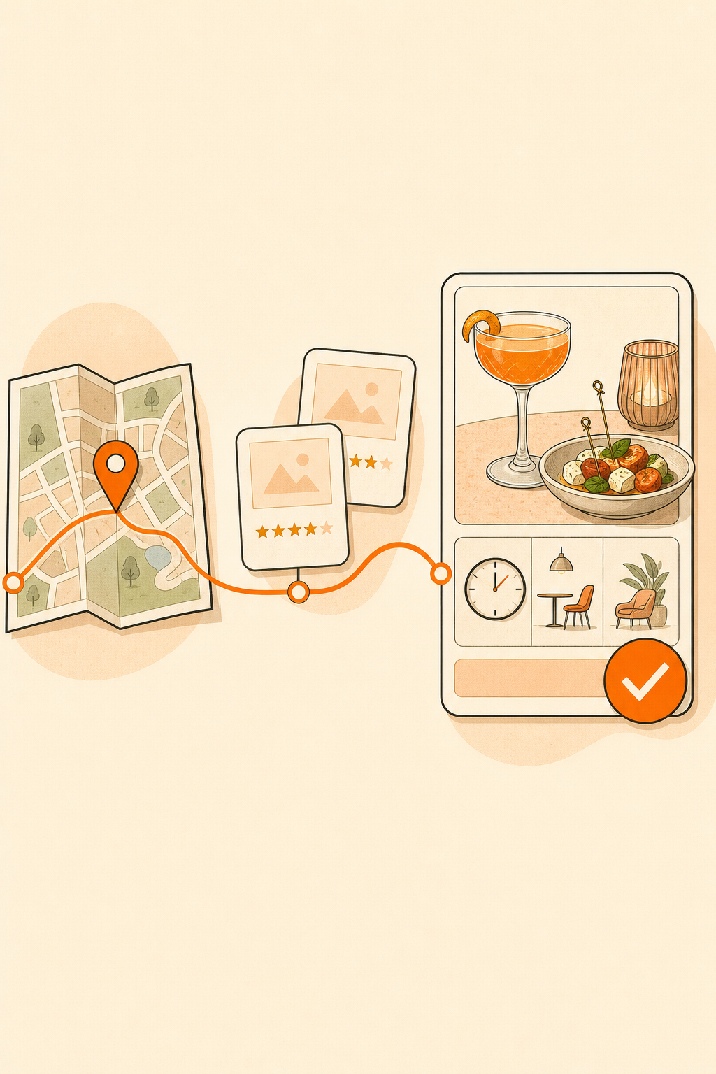 An infographic showing the three checks for a happy-hour outing: find the venue, check the experience, and confirm the deal.
