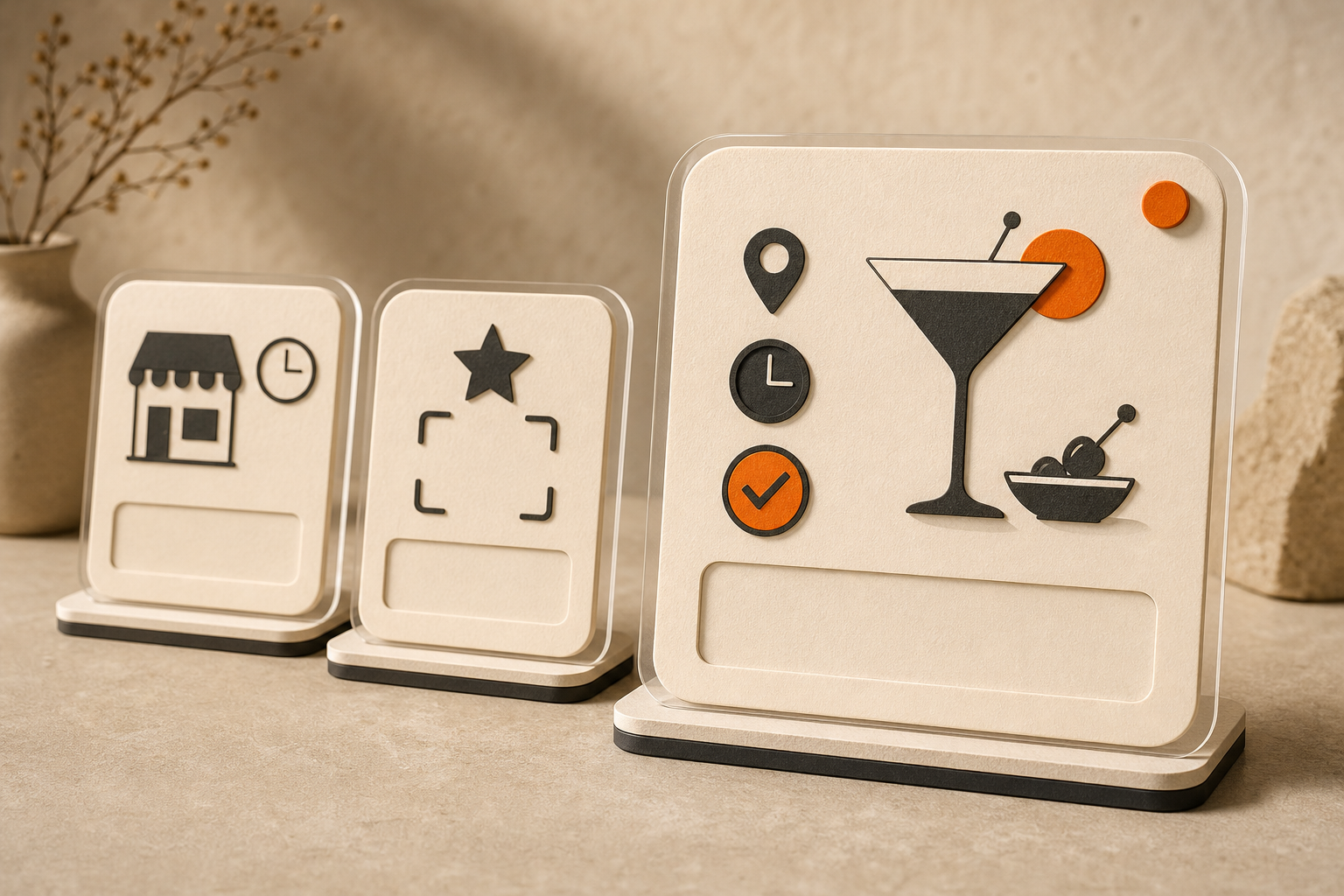Three cards show business hours, reviews, and a detailed offer, emphasizing that a happy-hour deal needs separate confirmation.