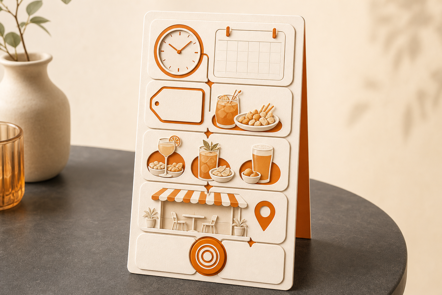 Diagram showing the five pieces of information a happy-hour offer should include: timing, offer, eligible items, location, and next action.